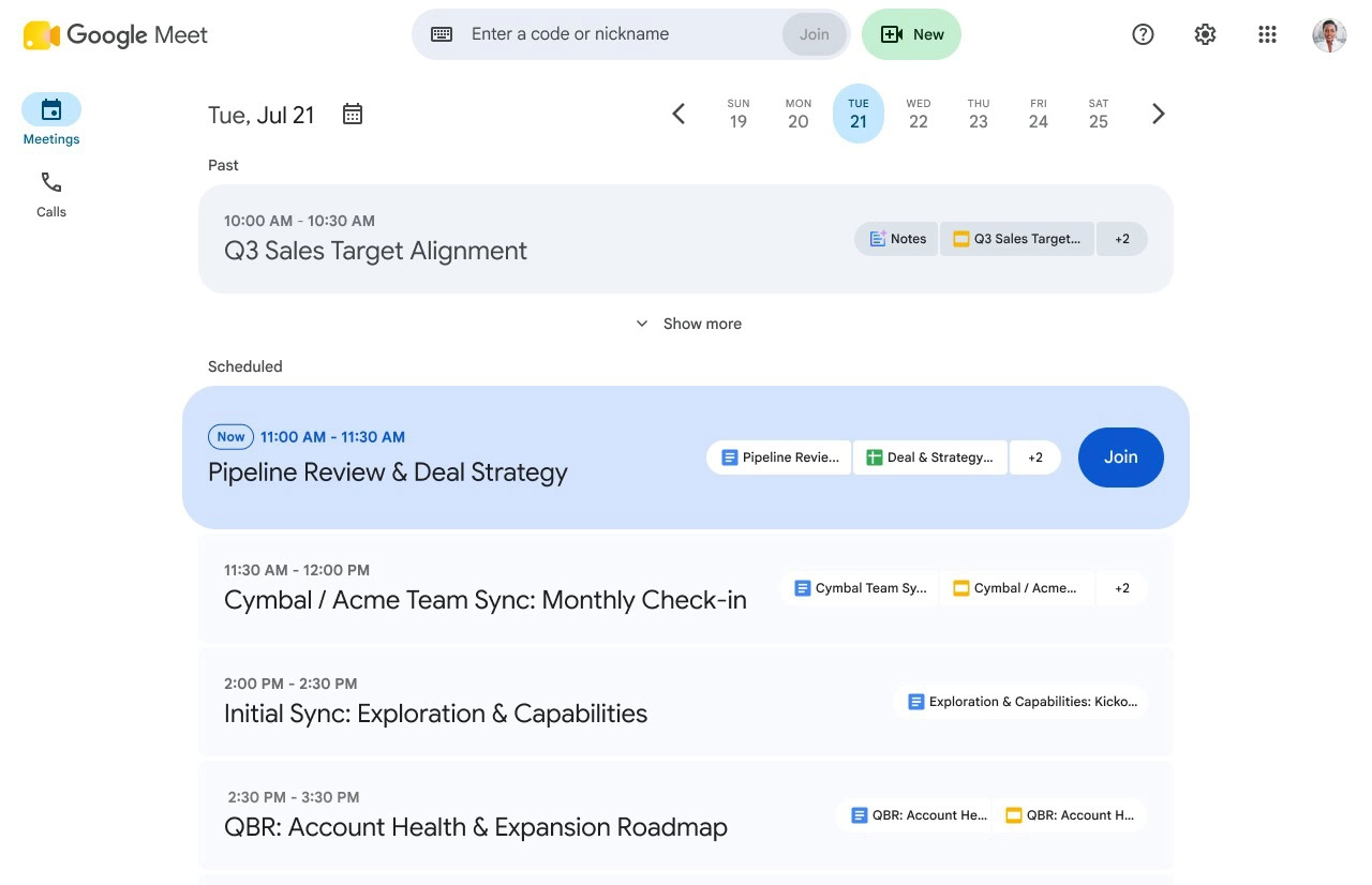 Google Meet home page, agenda view
